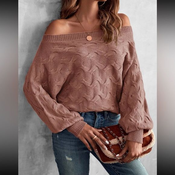 New Cozy Off Shoulder Batwing Sleeve Semi Cropped Sweater Trending Dusty Pink - Picture 5 of 8